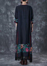 Black Loose Cotton Long Cardigan Embroidered Fall