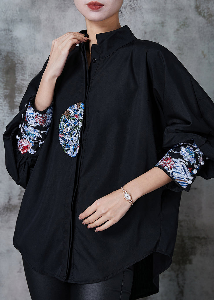 Black Loose Cotton Shirt Stand Collar Embroidered Summer