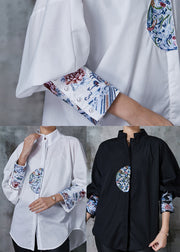 Black Loose Cotton Shirt Stand Collar Embroidered Summer