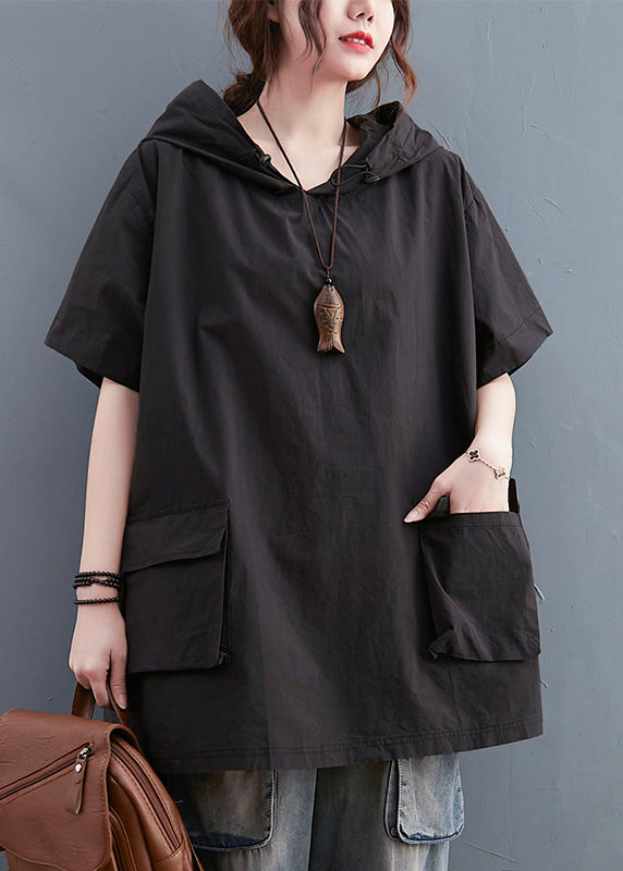 Black Loose Cotton Sweatshirt Streetwear Hooded Pockets Summer