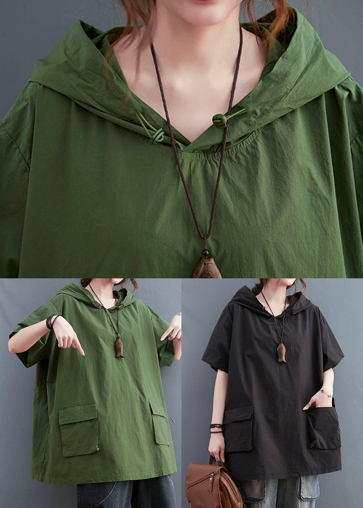 Black Loose Cotton Sweatshirt Streetwear Hooded Pockets Summer