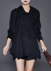 Black Loose Cotton Tops And Scarf Two Piece Suit Set Tasseled Fall