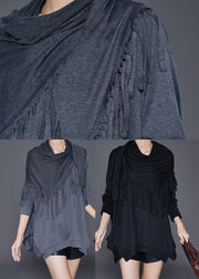 Black Loose Cotton Tops And Scarf Two Piece Suit Set Tasseled Fall