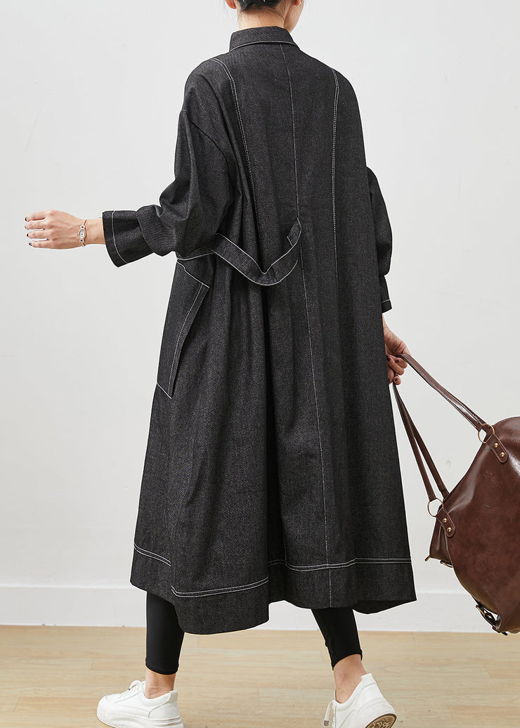 Black Loose Denim Trench Coat Oversized Pockets Spring