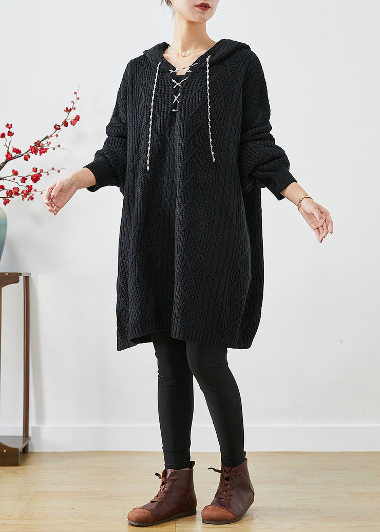 Black Loose Knit Long Sweater Dress Hooded Fall