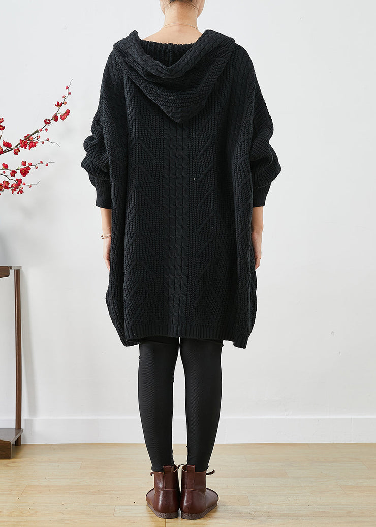 Black Loose Knit Long Sweater Dress Hooded Fall