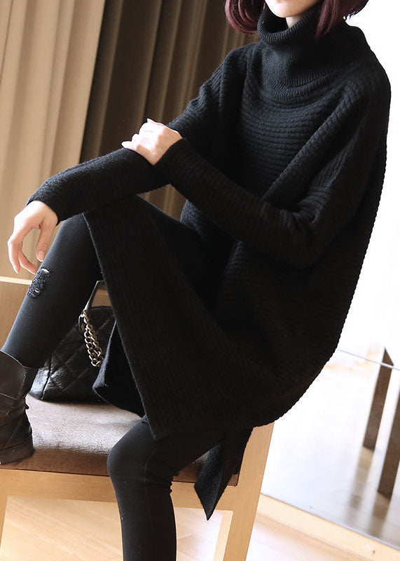 Black Loose Knit Long Sweater Turtle Neck Side Open Spring