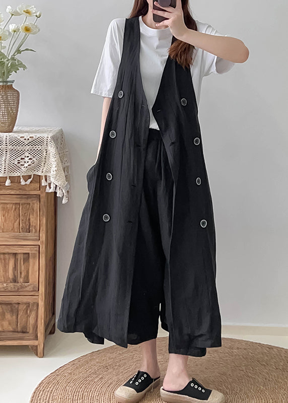 Black Loose Linen Long Vest Oversized Double Breast Fall