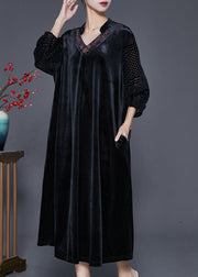 Black Loose Silk Velour Dress V Neck Embroidered Fall