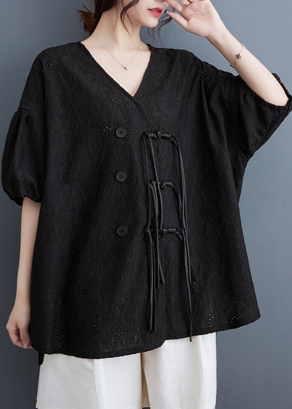 Black Low High Design Button Solid Lace Top Short Sleeve