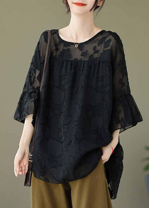 Black Low High Design Loose Tulle Shirt O Neck Summer