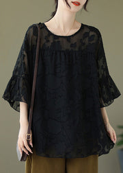 Black Low High Design Loose Tulle Shirt O Neck Summer