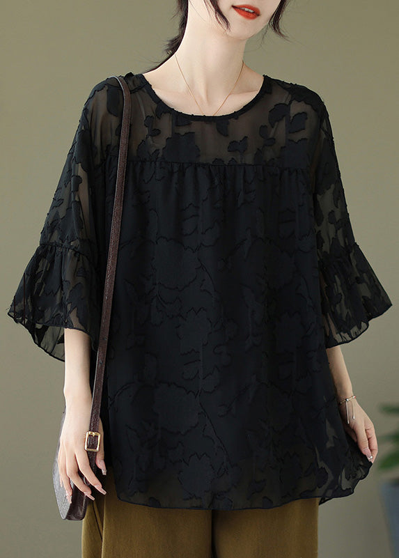 Black Low High Design Loose Tulle Shirt O Neck Summer