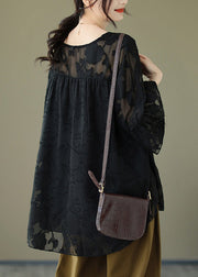 Black Low High Design Loose Tulle Shirt O Neck Summer