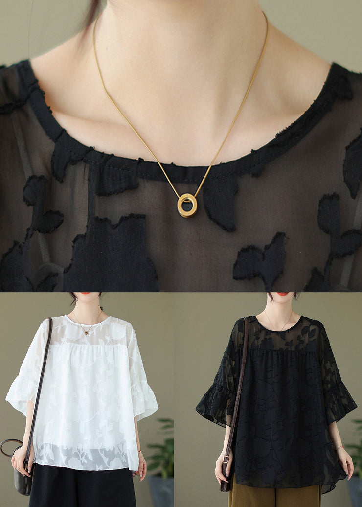 Black Low High Design Loose Tulle Shirt O Neck Summer