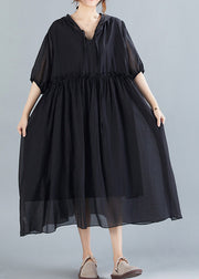 Black Neck Tie Ruffled Long Dresses Short Sleeve