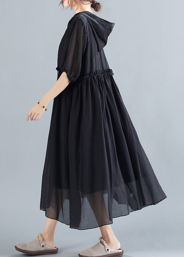 Black Neck Tie Ruffled Long Dresses Short Sleeve