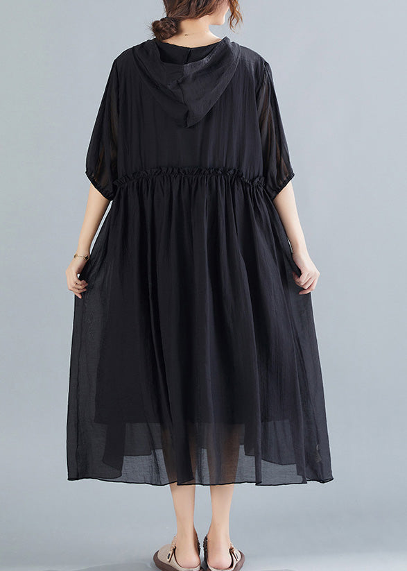 Black Neck Tie Ruffled Long Dresses Short Sleeve