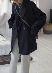 Black Notched Button Solid Woolen Coats Fall