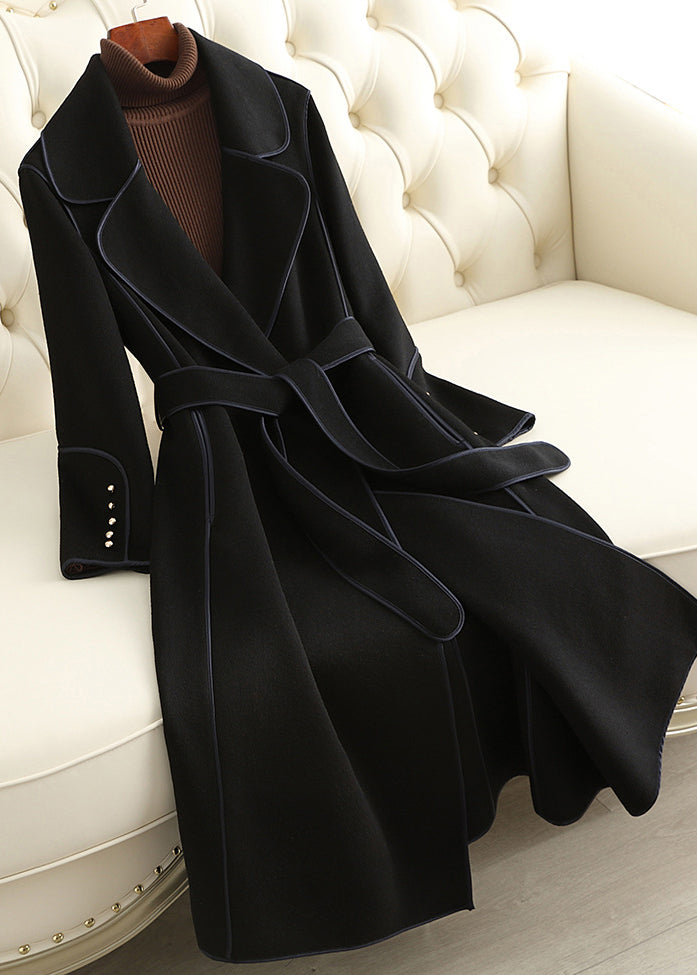 Black Notched Button Woolen Long Coats Fall