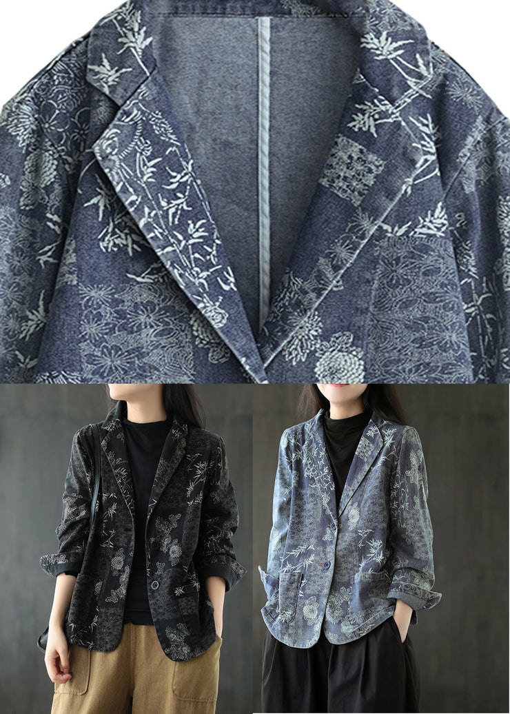 Black Notched Patchwork Button Denim Coats Fall