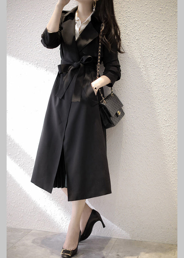 Black Notched Tie Waist Trench Coats Long Sleeve