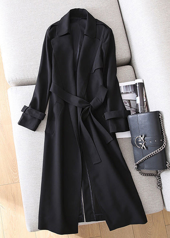 Black Notched Tie Waist Trench Coats Long Sleeve