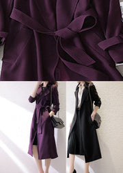 Black Notched Tie Waist Trench Coats Long Sleeve