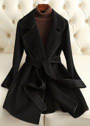 Black Notched Tie Waist Woolen Coats Fall