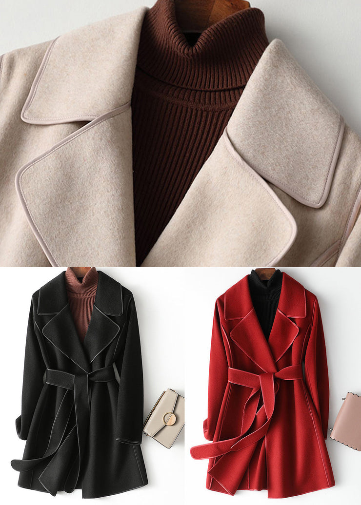 Black Notched Tie Waist Woolen Coats Fall