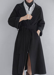 Black Notched Tie Waist Woolen Long Coats Fall