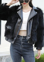 Black Notched Zippered Leather And Fur Coats Winter