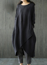 Black O-Neck Asymmetrical Linen Long Dress Long Sleeve