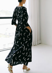 Black O-Neck Bow Tie Waist Silk Maxi Dress Long Sleev