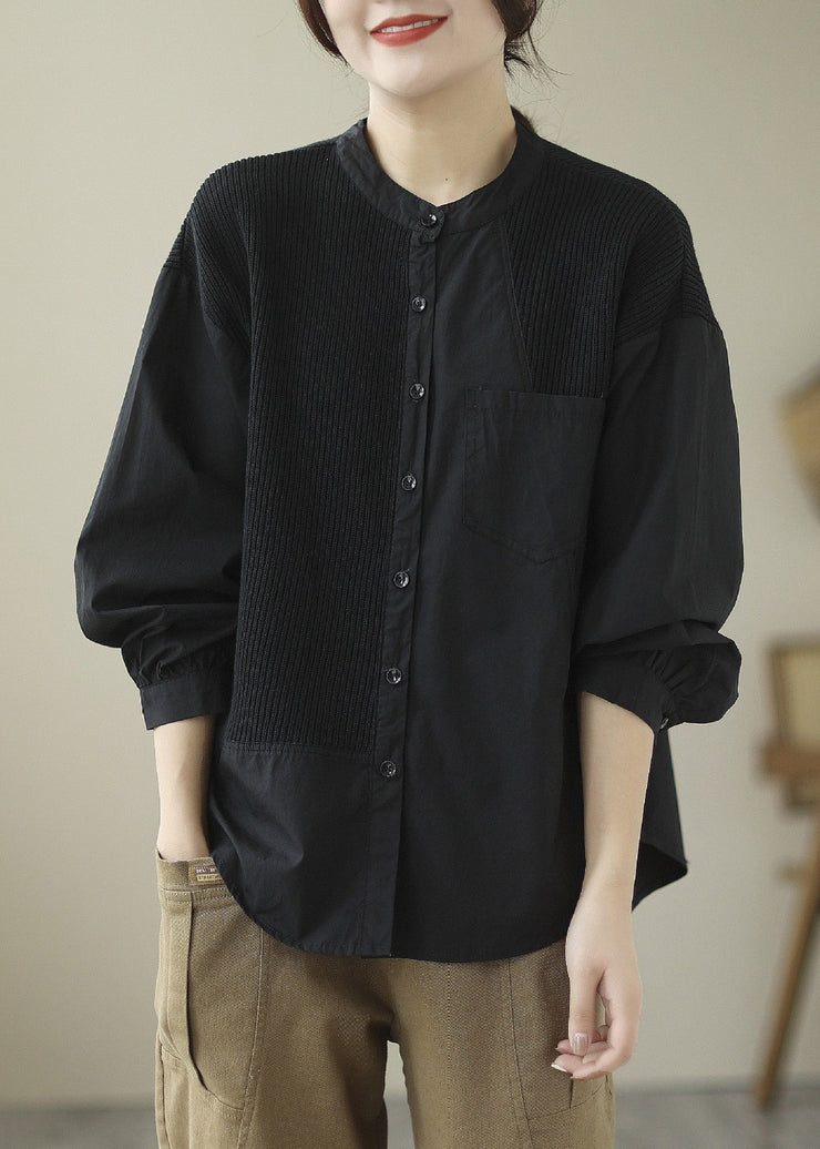 Black O-Neck Button Cotton Tops Long Sleeve