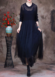 Black O-Neck Hollow Out Knit Dress Long Sleeve