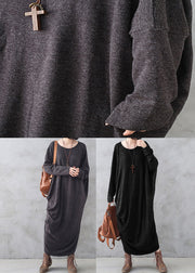 Black O-Neck Low High Design Wool Knit Maxi Sweater Dress Fall