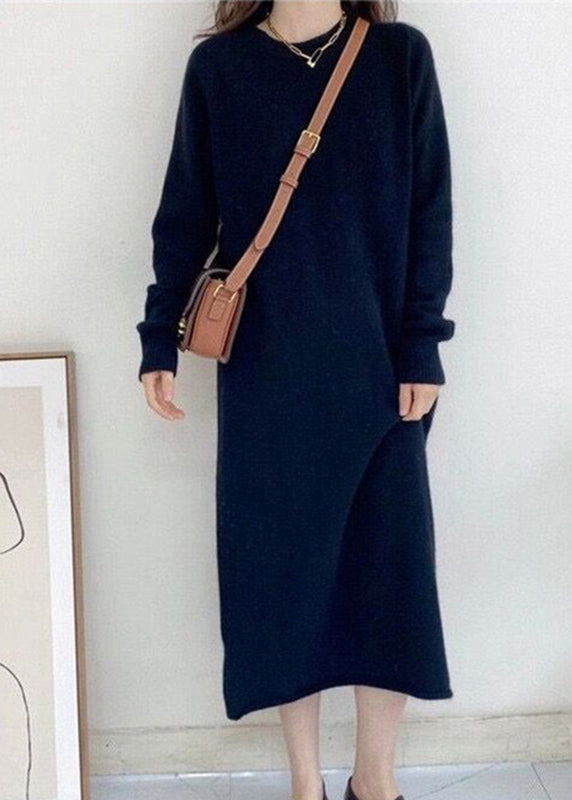 Black O-Neck Maxi Cashmere Knit Dress Long Sleeve