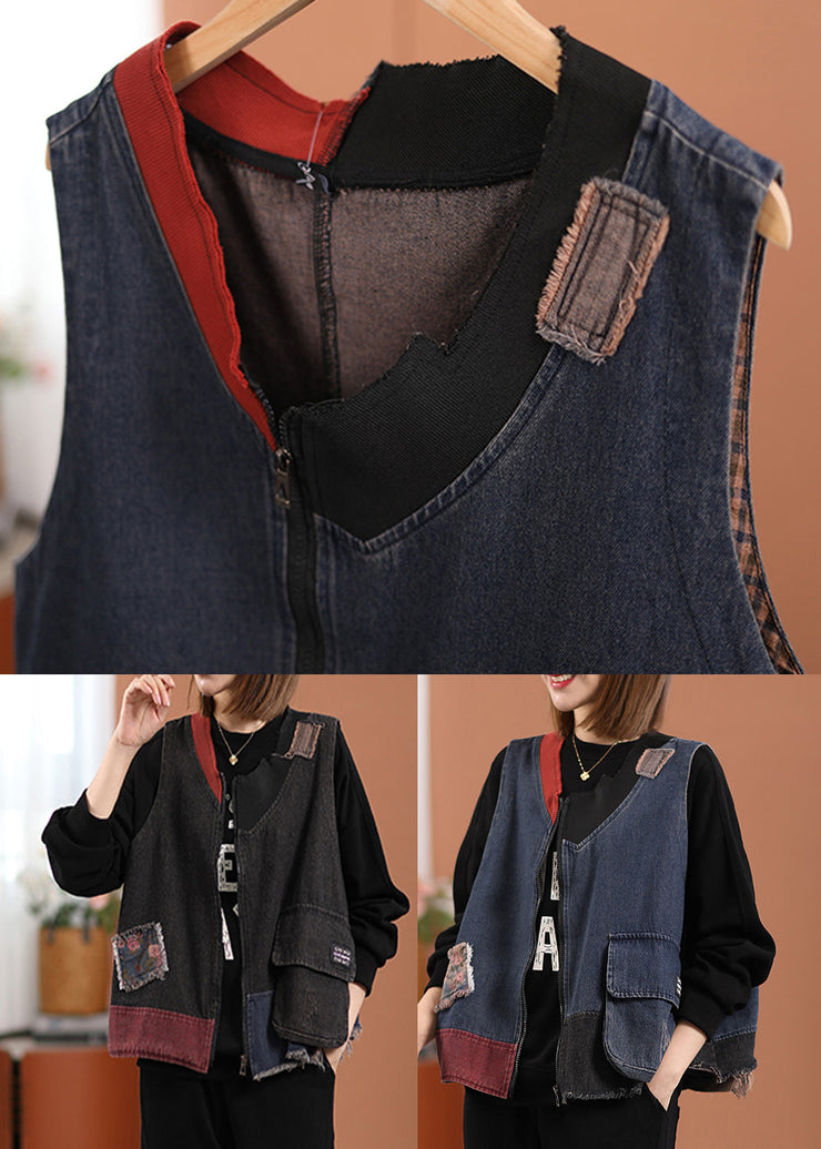 Black O-Neck Print Pockets Denim Waistcoat Sleeveless