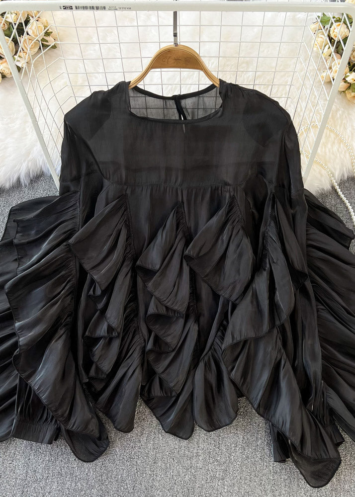 Black O-Neck Ruffled Patchwork Button Silk Top Long Sleeve