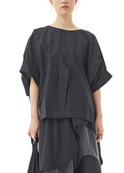 Black O-Neck Solid Cotton Top Lantern Sleeve