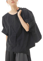 Black O-Neck Solid Cotton Top Lantern Sleeve