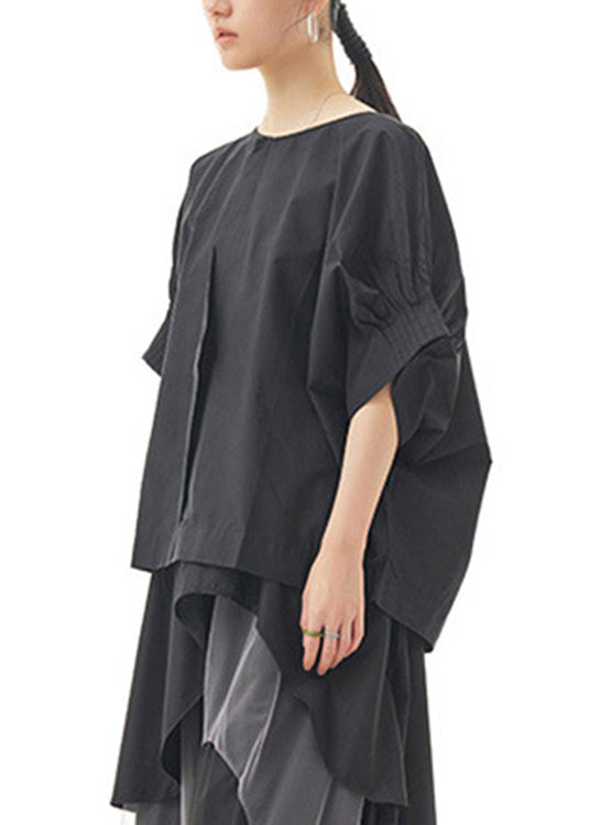 Black O-Neck Solid Cotton Top Lantern Sleeve