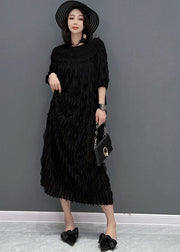 Black O-Neck Wave Silk Long Dress Half Sleeve