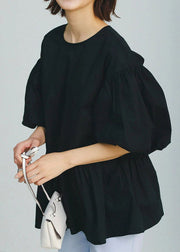 Black O-Neck Wrinkled Cotton Shirt Puff Sleeve