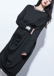 Black O-Neck Wrinkled Long Dresses Long Sleeve