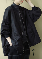 Black O-Neck Zip Up Wrinkled Drawstring Long Sleeve