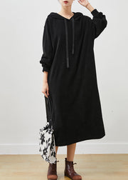 Black Oversized Corduroy Sweatshirt Dress Hooded Spring