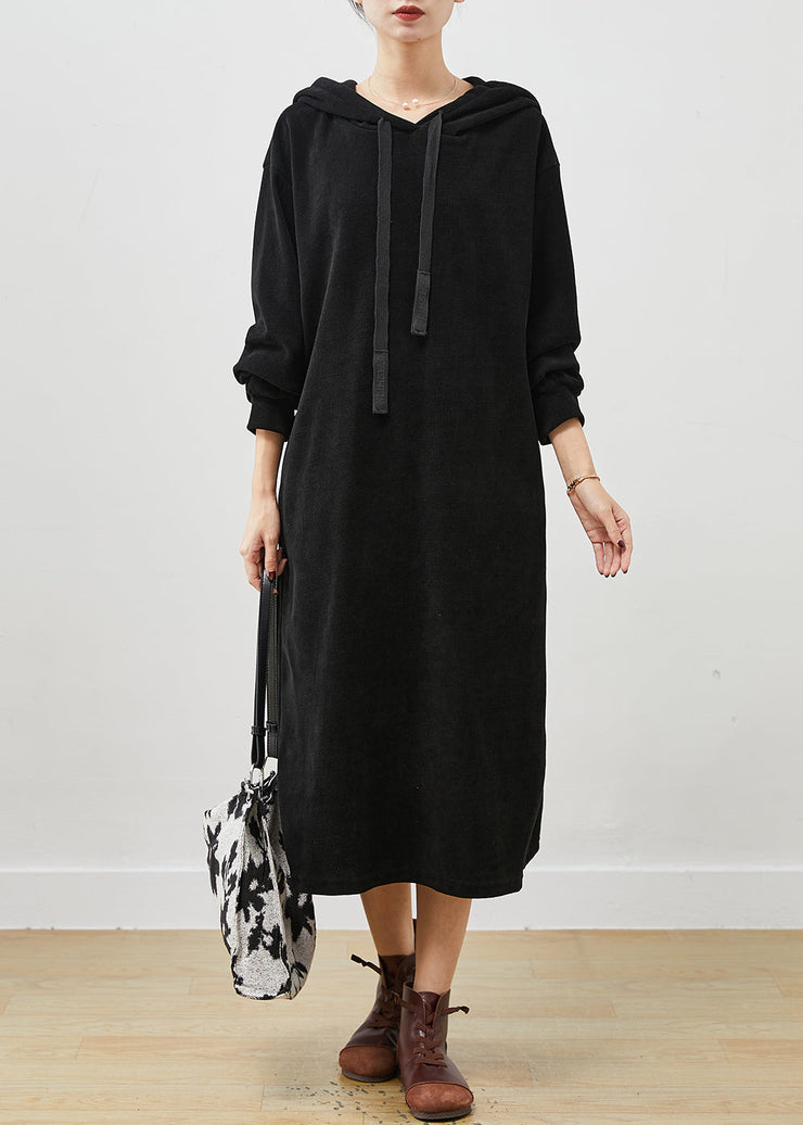 Black Oversized Corduroy Sweatshirt Dress Hooded Spring