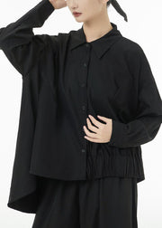 Black Oversized Cotton Blouse Tops Low High Design Batwing Sleeve